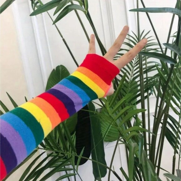 Rainbow fingerless gloves sleeves thumb hole multicolor accessory - Picture 5 of 6